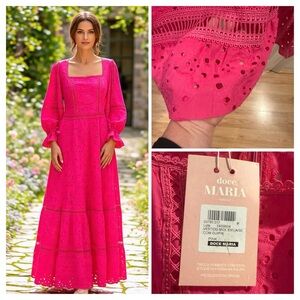 NWT DOCE MARIA Hot Pink Eyelet Lace Dress w Square Neck Puff Sleeves Cottagecore